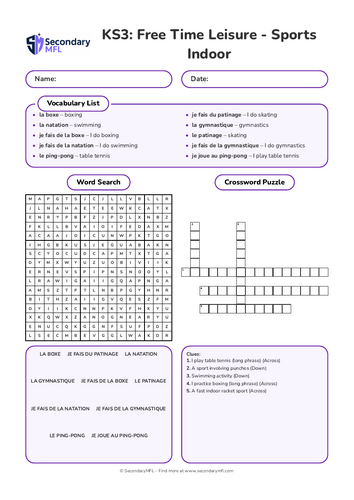KS3 French Activity Pack: Indoor Sports & Hobbies
