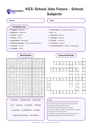 KS3 French Activity Pack: School Subjects