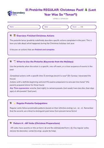 KS3 & KS4 Spanish Grammar Worksheet: Regular Past Tense Christmas Edition | Holiday Learning