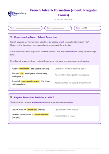 KS3 & KS4 French Grammar Worksheet: Adverb Formation (-ment, Irregulars)