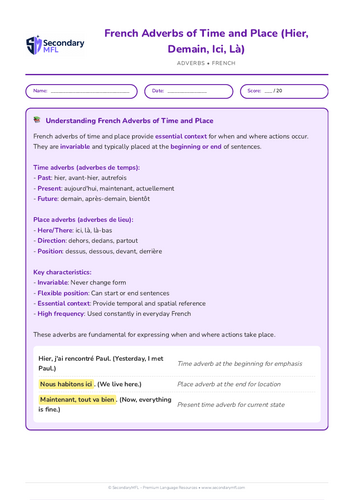 KS3 & KS4 French Grammar Worksheet: Adverbs of Time and Place Practice