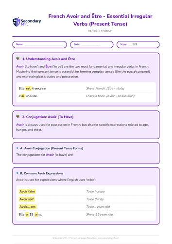 KS3 & KS4 French Grammar Worksheet: Master Avoir and Être Verbs in Present Tense