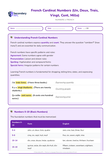 KS3 & KS4 French Grammar Worksheet: Master Cardinal Numbers in French