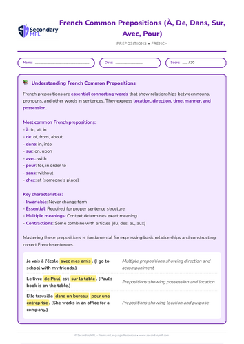 KS3 & KS4 French Grammar Worksheet: Common Prepositions (À, De, Dans, Sur, Avec, Pour)