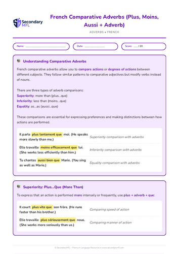 KS3 & KS4 French Grammar Worksheet: Comparative Adverbs Plus, Moins, Aussi | Practice and Learn