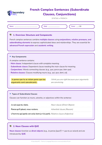KS3 & KS4 French Grammar Worksheet: Master Complex Sentences & Subordinate Clauses
