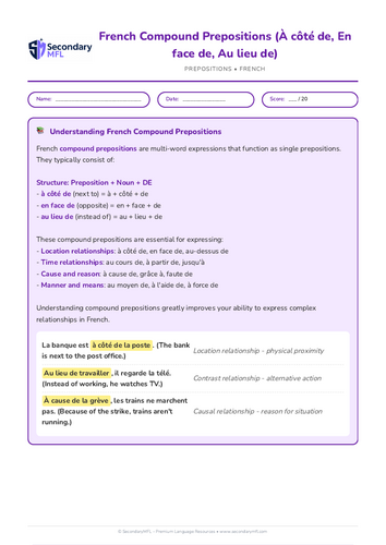 KS3 & KS4 French Grammar Worksheet: Mastering Compound Prepositions