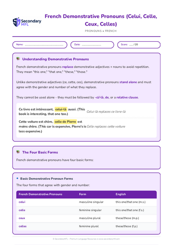 KS3 & KS4 French Grammar Worksheet: Demonstrative Pronouns (Celui, Celle, Ceux, Celles)