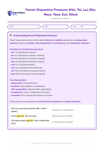 KS3 & KS4 French Grammar Worksheet: Master Disjunctive Pronouns | Practice & Tips