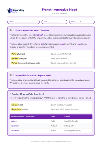 KS3 & KS4 French Grammar Worksheet: Mastering the Imperative Mood | Bonus Practice