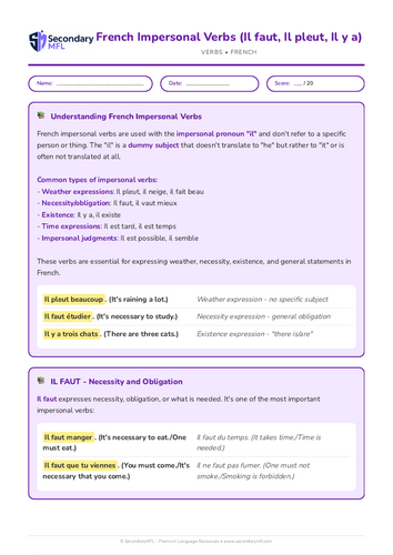 KS3 & KS4 French Grammar Worksheet: Mastering Impersonal Verbs (Il faut, Il pleut, Il y a)
