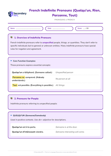 KS3 & KS4 French Grammar Worksheet: Indefinite Pronouns (Someone, Nothing, Anyone, Everything)