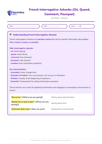 KS3 & KS4 French Grammar Worksheet: Interrogative Adverbs (Where, When, How, Why)