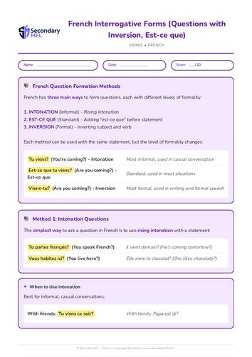 KS3 & KS4 French Grammar Worksheet: Mastering Questions with Inversion & Est-ce que