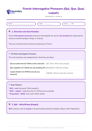 KS3 & KS4 French Grammar Worksheet: Mastering Interrogative Pronouns