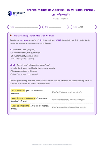 KS3 & KS4 French Grammar Worksheet: Modes of Address Tu vs Vous | Beginner French Practice