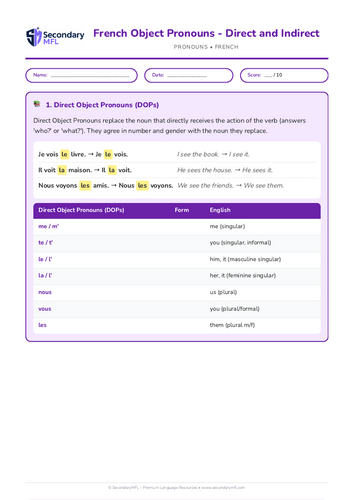 KS3 & KS4 French Grammar Worksheet: Mastering Direct & Indirect Object Pronouns