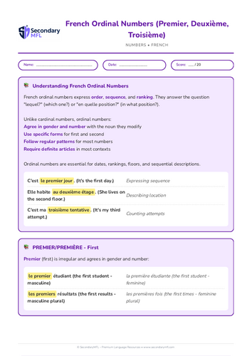 KS3 & KS4 French Grammar Worksheet: Master Ordinal Numbers (Premier, Deuxième, Troisième)