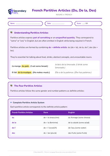 KS3 & KS4 French Grammar Worksheet: Mastering Partitive Articles (Du, De la, Des)