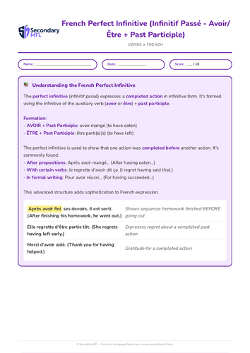 KS3 & KS4 French Grammar Worksheet: Mastering the Perfect Infinitive
