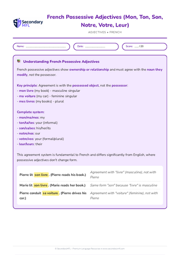 KS3 & KS4 French Grammar Worksheet: Master Possessive Adjectives