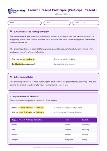 KS3 & KS4 French Grammar Worksheet: Mastering Present Participle Exercises