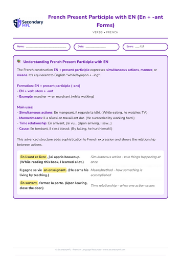 KS3 & KS4 French Grammar Worksheet: Present Participle with EN | Boost Your Skills