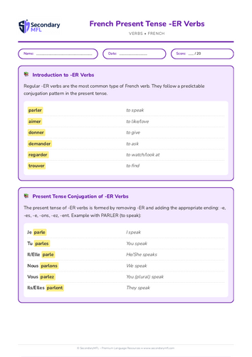 KS3 & KS4 French Grammar Worksheet: Mastering Present Tense ER Verbs