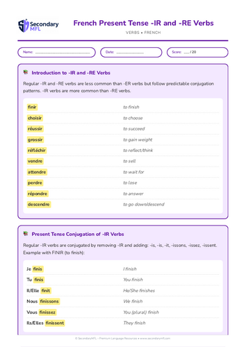 KS3 & KS4 French Grammar Worksheet: Mastering IR and RE Present Tense Verbs