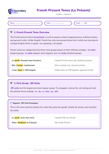 KS3 & KS4 French Grammar Worksheet: Mastering the Present Tense