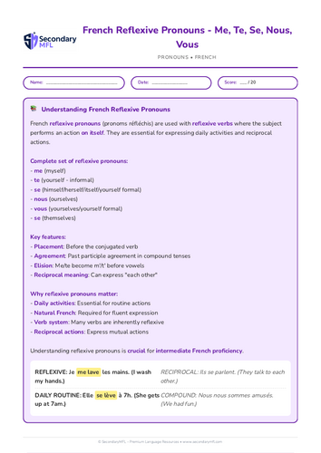 KS3 & KS4 French Grammar Worksheet: Reflexive Pronouns Made Easy