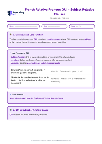 KS3 & 4 French Grammar Worksheet: Mastering Relative Pronouns QUI