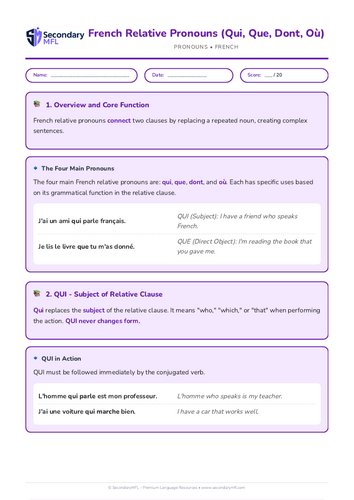 KS3 & KS4 French Grammar Worksheet: Master Relative Pronouns (Qui, Que, Dont, Où)