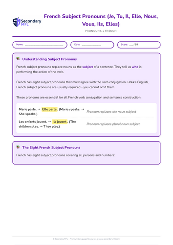 KS3 & KS4 French Grammar Worksheet: Mastering Subject Pronouns