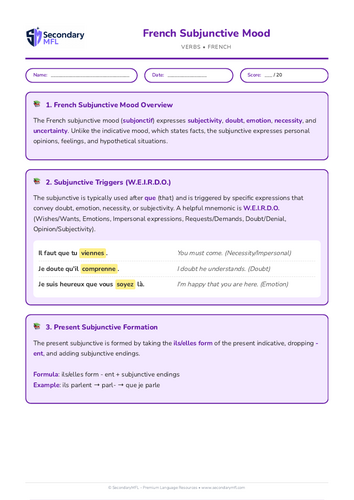 KS3 & KS4 French Grammar Worksheet: Mastering the Subjunctive Mood | Bonus Practice