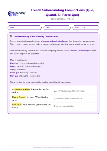 KS3 & KS4 French Grammar Worksheet: Subordinating Conjunctions Practice