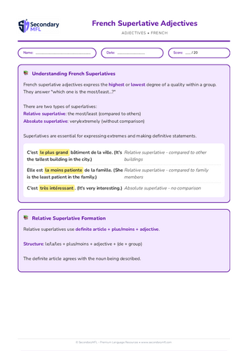 KS3 & KS4 French Grammar Worksheet: Mastering Superlative Adjectives | Bonus Practice