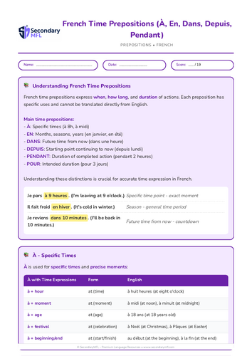 KS3 & KS4 French Grammar Worksheet: Mastering Time Prepositions (À, En, Dans, Depuis, Pendant)