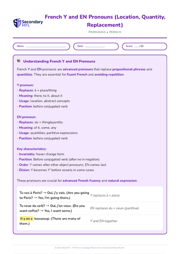 KS3 & KS4 French Grammar Worksheet: Mastering Y and EN Pronouns | Practice & Tips