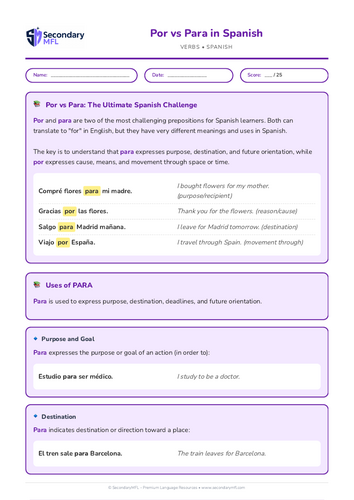 KS3 & KS4 Spanish Grammar Worksheet: Mastering Por vs Para