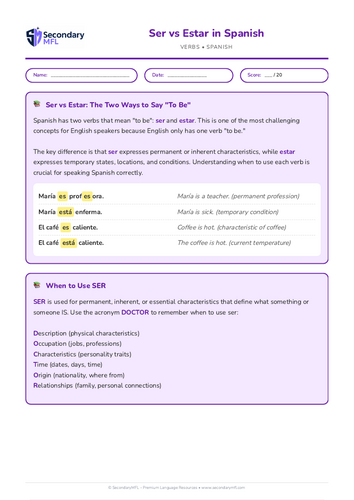 KS3 & KS4 Spanish Grammar Worksheet: Mastering Ser vs Estar