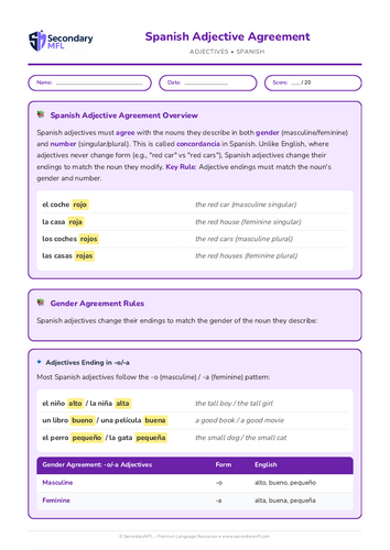 KS3 & KS4 Spanish Grammar Worksheet: Adjective Agreement Practice