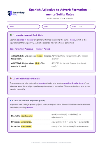 KS3 & 4 Spanish Grammar Worksheet: Transform Adjectives to Adverbs with -mente Suffix