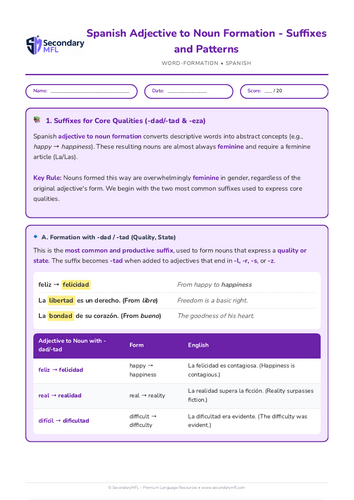 KS3 & KS4 Spanish Grammar Worksheet: Adjective to Noun Formation Suffixes & Patterns
