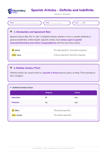 KS3 & KS4 Spanish Grammar Worksheet: Definite & Indefinite Articles Explained