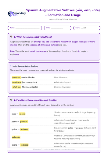 KS3 & KS4 Spanish Grammar Worksheet: Mastering Augmentative Suffixes (-ón, -azo, -ote)