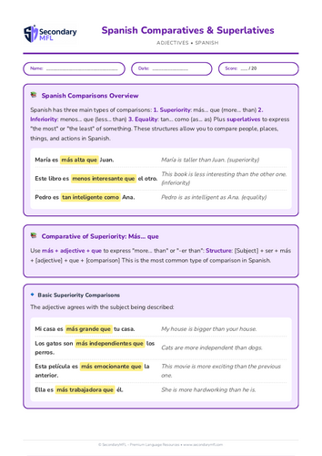 KS3 & KS4 Spanish Grammar Worksheet: Comparatives & Superlatives for Intermediate Practice