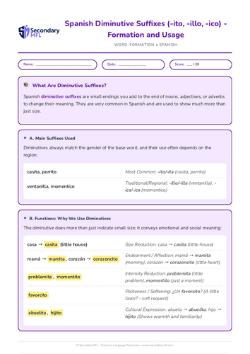 KS3 & KS4 Spanish Grammar Worksheet: Master Diminutive Suffixes (-ito, -illo, -ico)