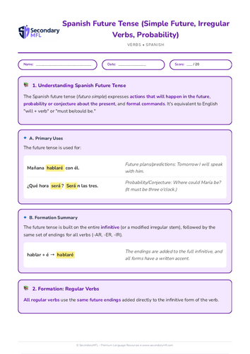 KS3 & KS4 Spanish Grammar Worksheet: Future Tense, Irregular Verbs & Probability