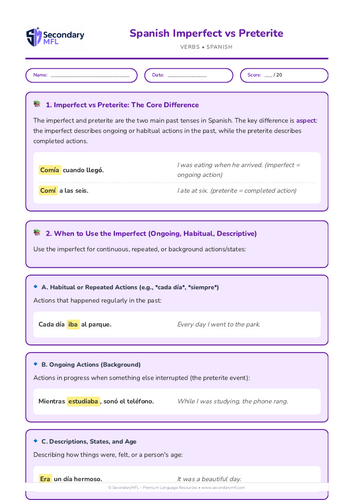 KS3 & KS4 Spanish Grammar Worksheet: Imperfect vs Preterite Past Tenses | Boost Your Skills